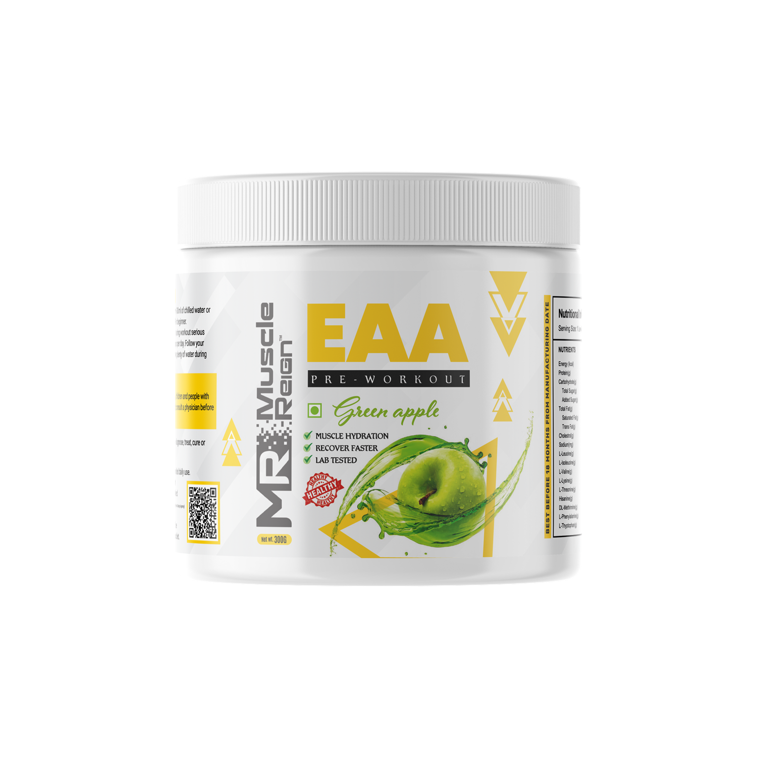 Muscle Reign Green Apple pre and post workout EAA powder container for muscle recovery